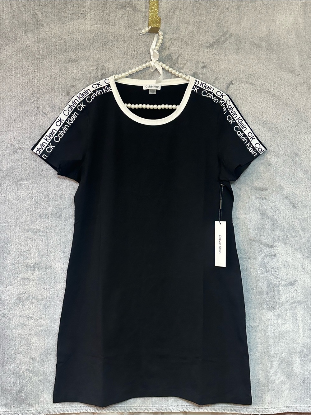 Calvin Klein Black Short Sleeve Logo-Trim Tee Dress with White Accents